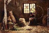 Peasant Canvas Paintings - A Peasant Woman Combing Wool